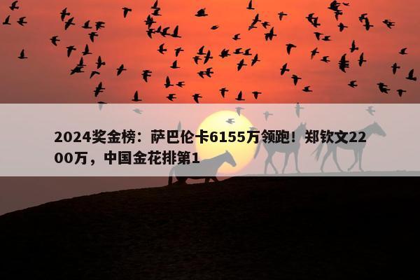 2024奖金榜：萨巴伦卡6155万领跑！郑钦文2200万，中国金花排第1